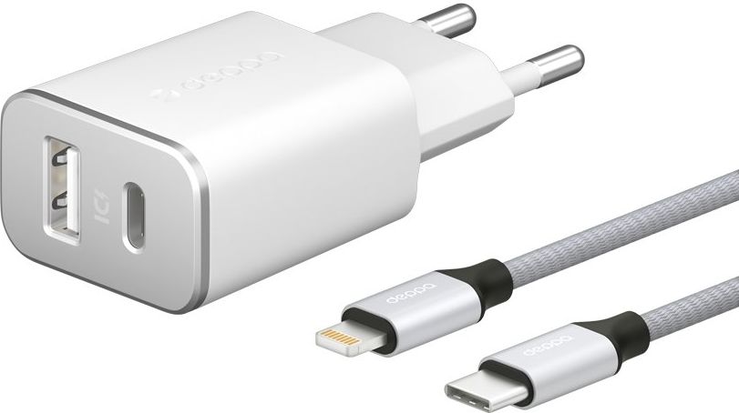 СЗУ адаптер USB Type-C + USB A,PD 3.0, 18Вт, дата-кабель USB-C - Lightning (MFI) нейлон, Ultra, белый, Deppa фото 1