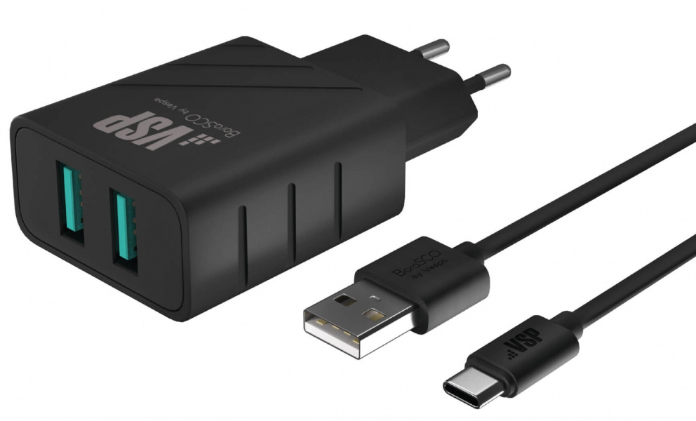 СЗУ адаптер 2 USB 2.4A + Дата-кабель Type-C 2А (100 см) черный, BoraSCO фото 1
